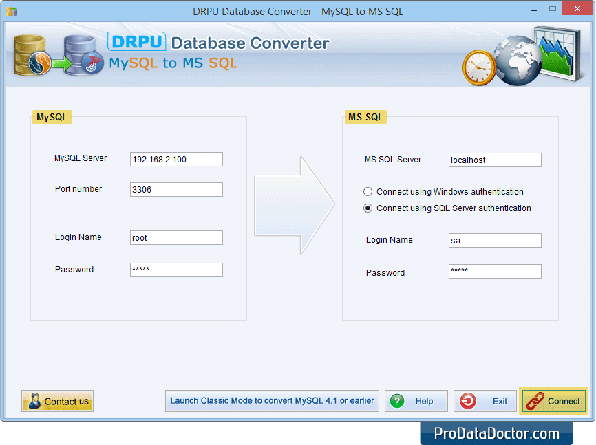 Establish connection MySQL to MSSQL Database Converter