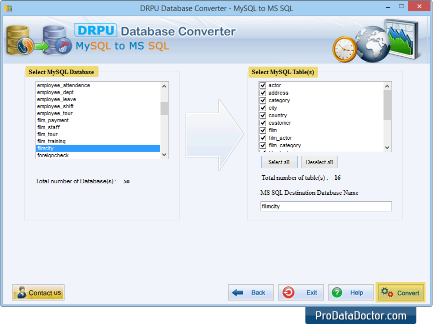 Select MySQL database and tables MySQL to MSSQL Database Converter